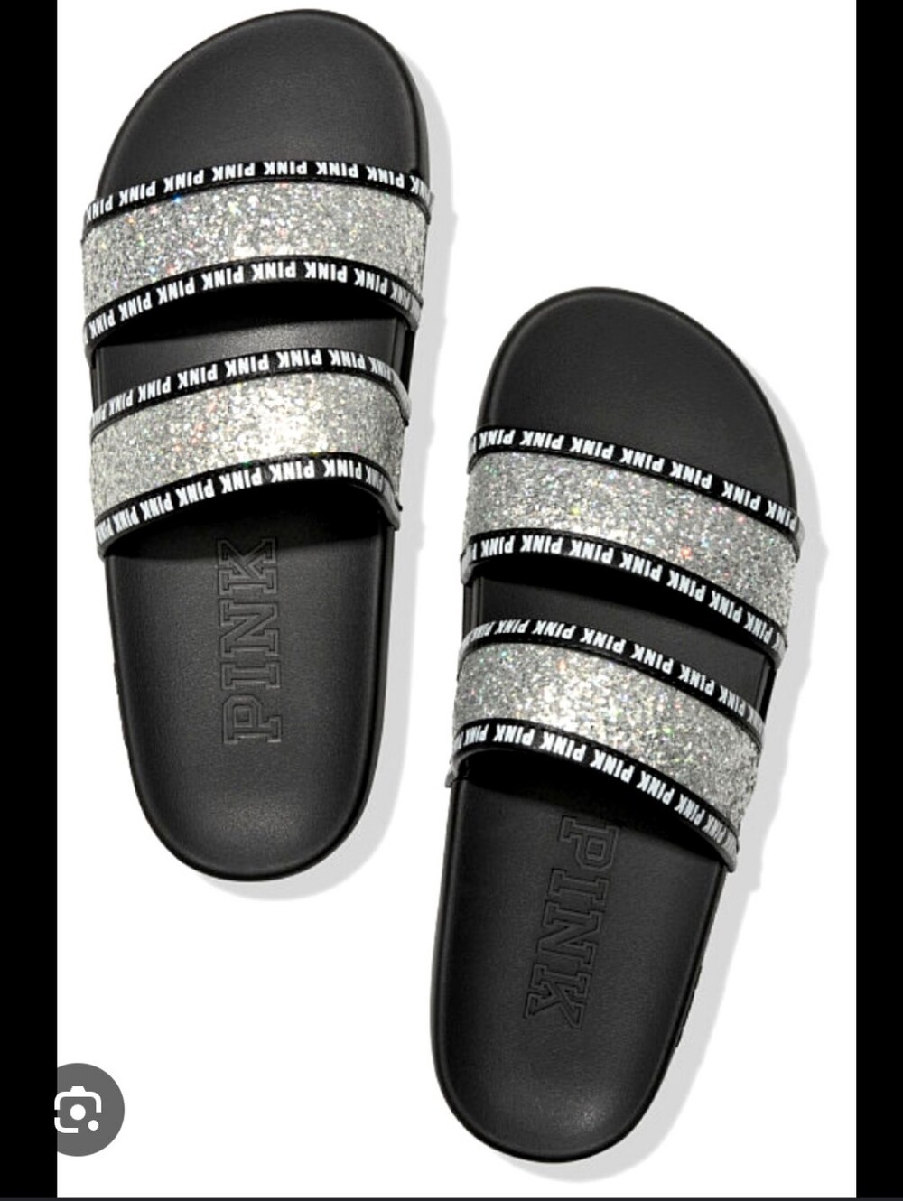 Women's PINK Victoria's Secret Black Slides with Silver Glitter Straps